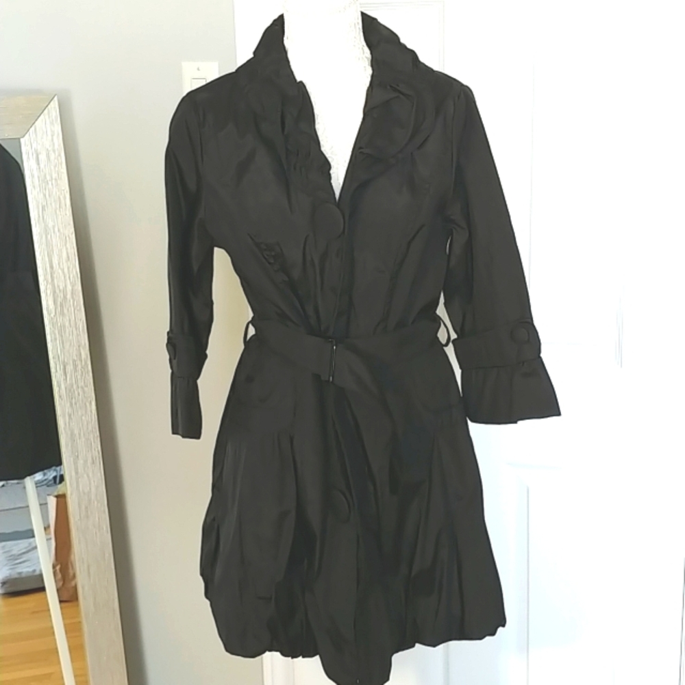 Black taffeta ruffled Light weight trench coat